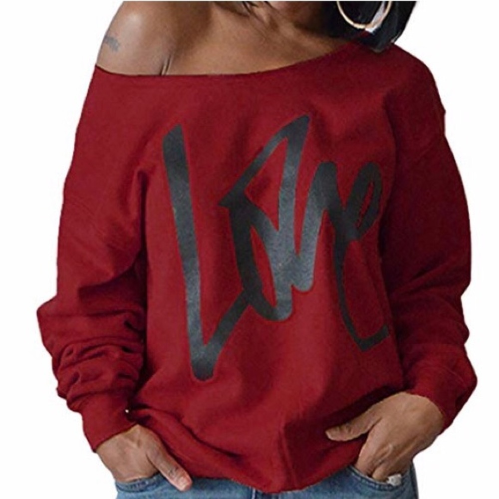 “Love” Off The Shoulder Slouchy Pullover-Burgundy